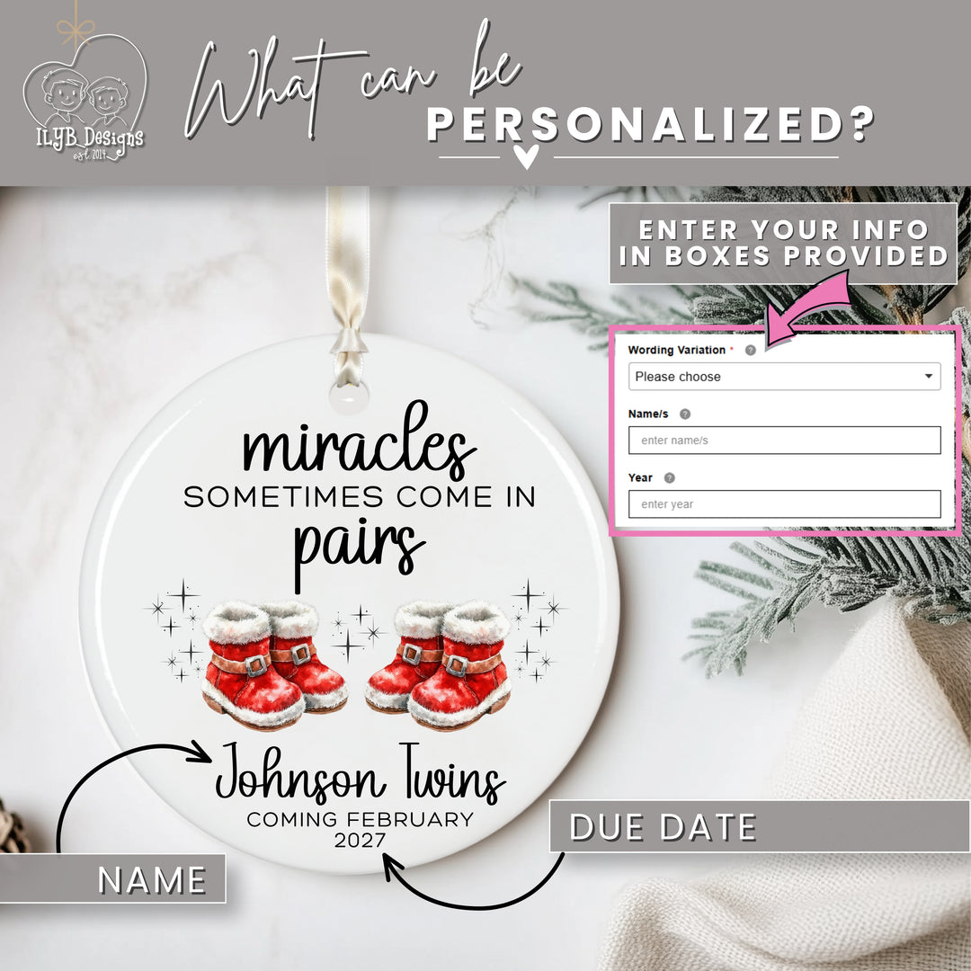 Miracles Sometimes Come in Pairs Twins Pregnancy Announcement Ornament