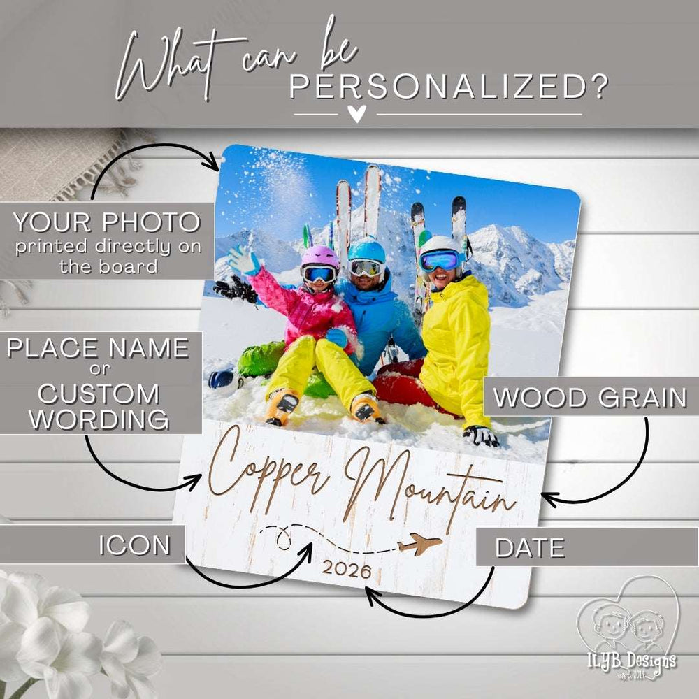 Personalization options for a photo board with a snowy scene and text.