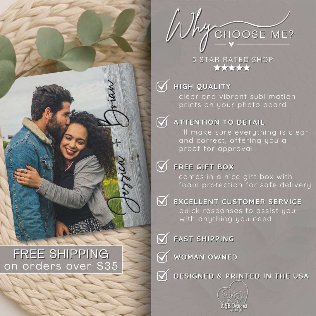 Wood photo print of a couple with text detailing services offered on a gray background
