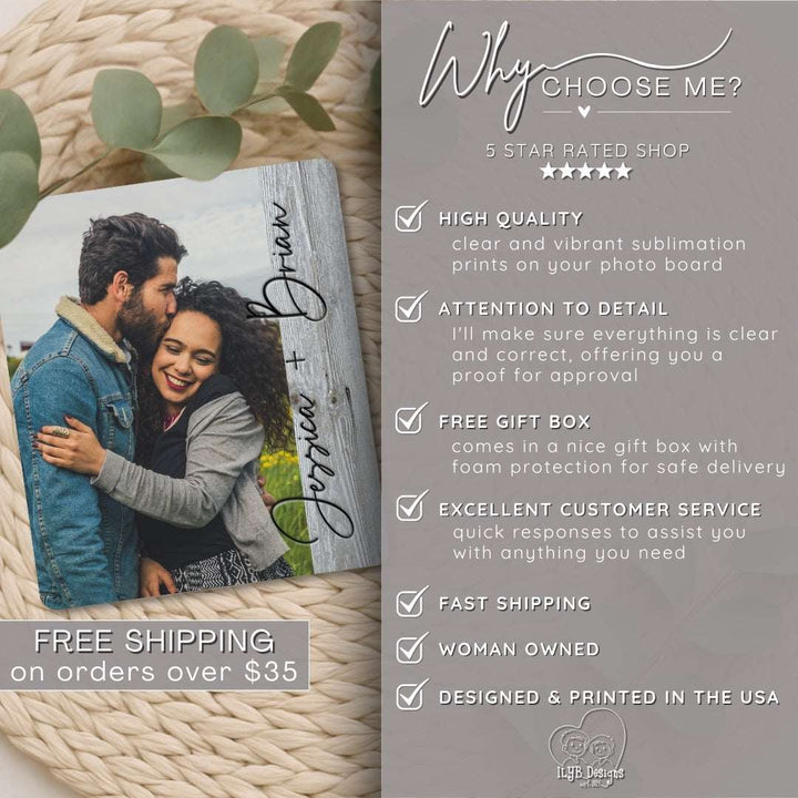 Wood photo print of a couple with text detailing services offered on a gray background