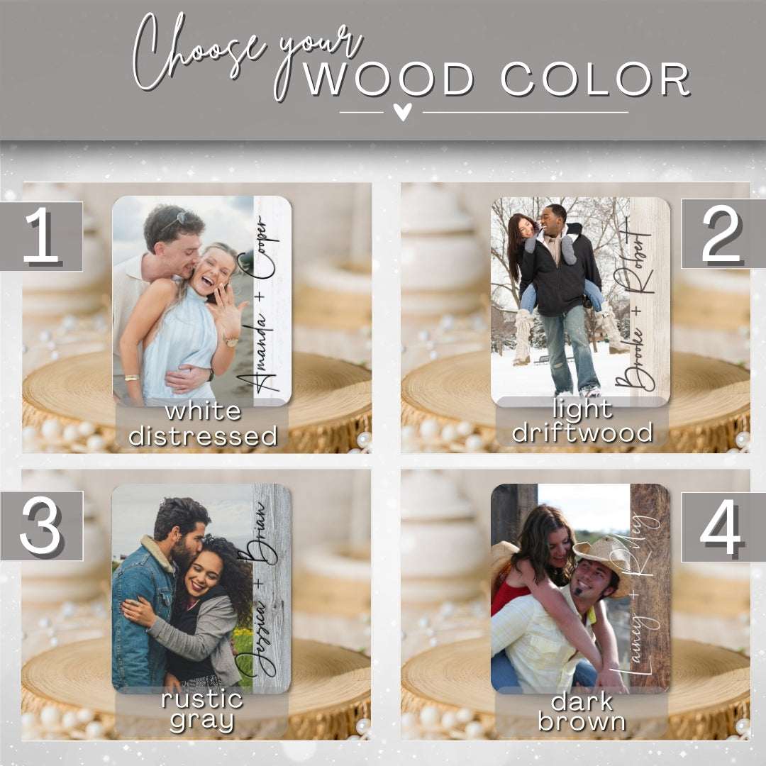 Wooden photo frames with different color options for customization.