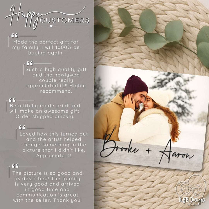 Wood photo plaque with a couple embracing, surrounded by eucalyptus leaves, on a textured surface with customer testimonials.