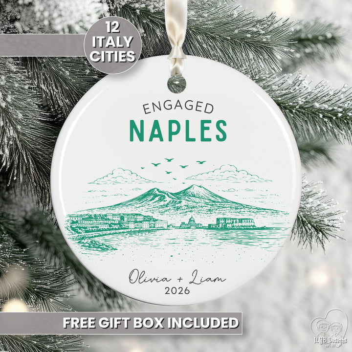 A round white ceramic Christmas ornament featuring a green line art illustration of Naples, Italy, with the text &