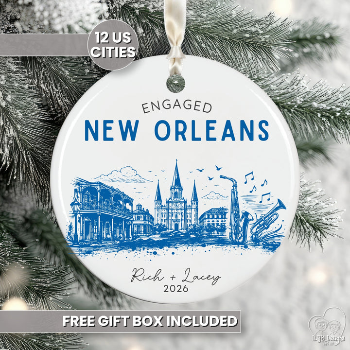 Personalized Engagement Ornament | US City Skyline Custom