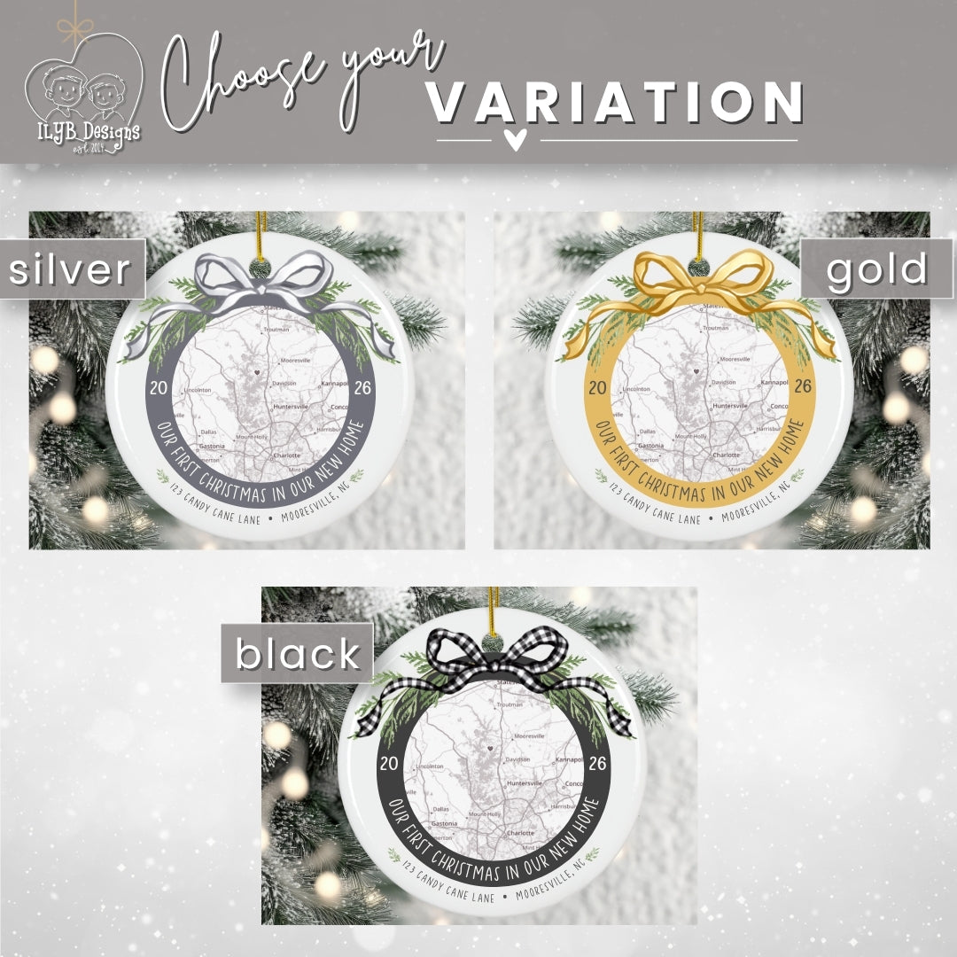A product variation graphic showing three Christmas ornament designs labeled silver, gold, and black, each with a map print, bow illustration, and holiday tree background. Large text at the top reads &