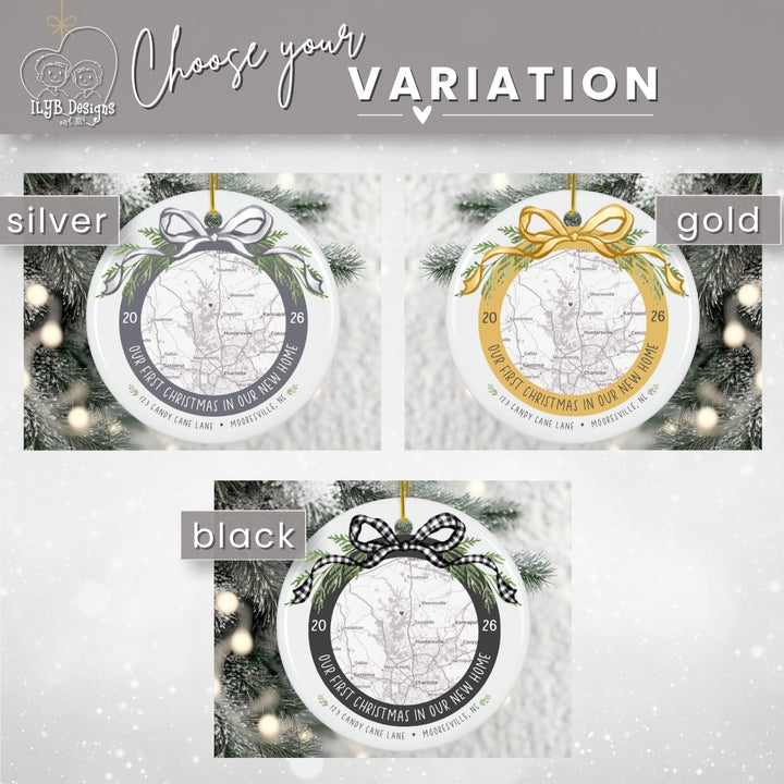 A product variation graphic showing three Christmas ornament designs labeled silver, gold, and black, each with a map print, bow illustration, and holiday tree background. Large text at the top reads &