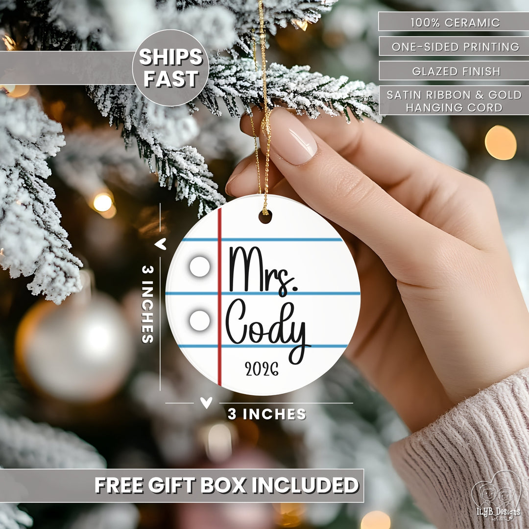 Personalized Teacher Ornament | Notebook Paper Custom Ceramic Christmas Gift