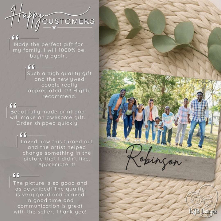 Family photo on a wooden plaque with 'Robinson' engraved, surrounded by greenery and a woven basket.