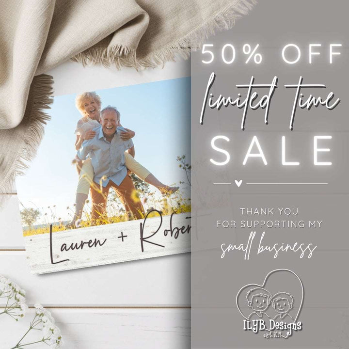 Promotional graphic with a photo of a couple and text about a 50% off sale from ILYB Designs.