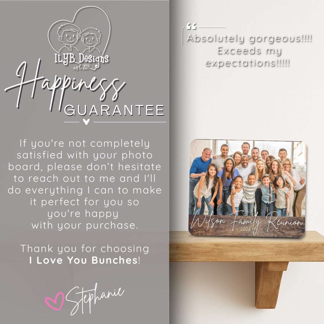 Family photo board with 'Happiness Guarantee' text on a gray background