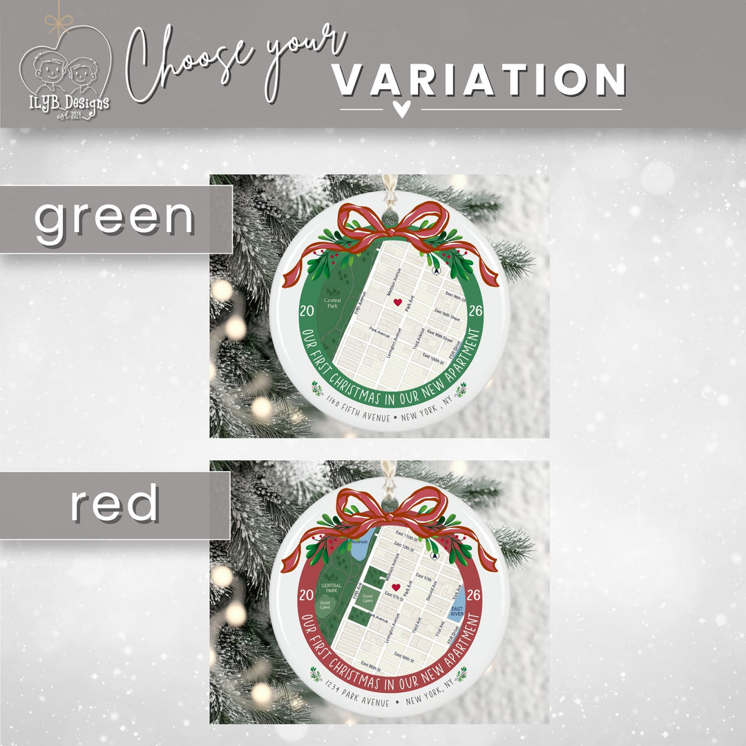 A product variation graphic showing two round Christmas ornaments side by side, labeled green and red, with a top banner reading &