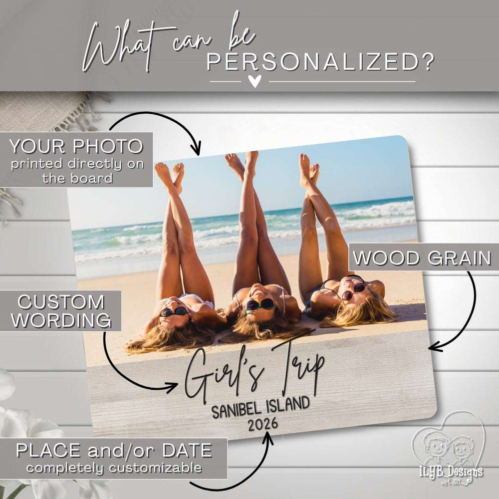 Personalized photo board with customizable text on a wooden surface