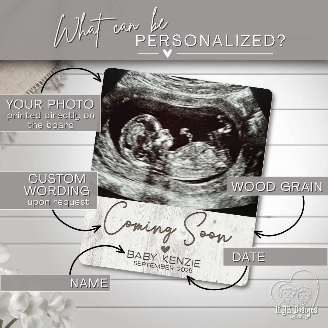 coming soon baby name announcement photo keepsake with text showing what can be personalized: your photo printed directly on the board, custom wording upon request, wood grain, name, and date are all personalizable