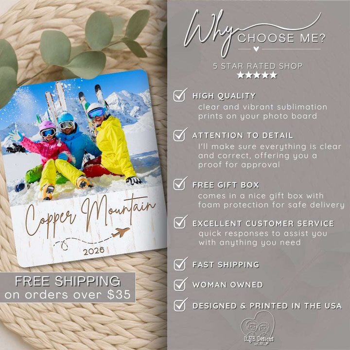 Promotional graphic for a photo board with skiing family image and product features on a gray background.