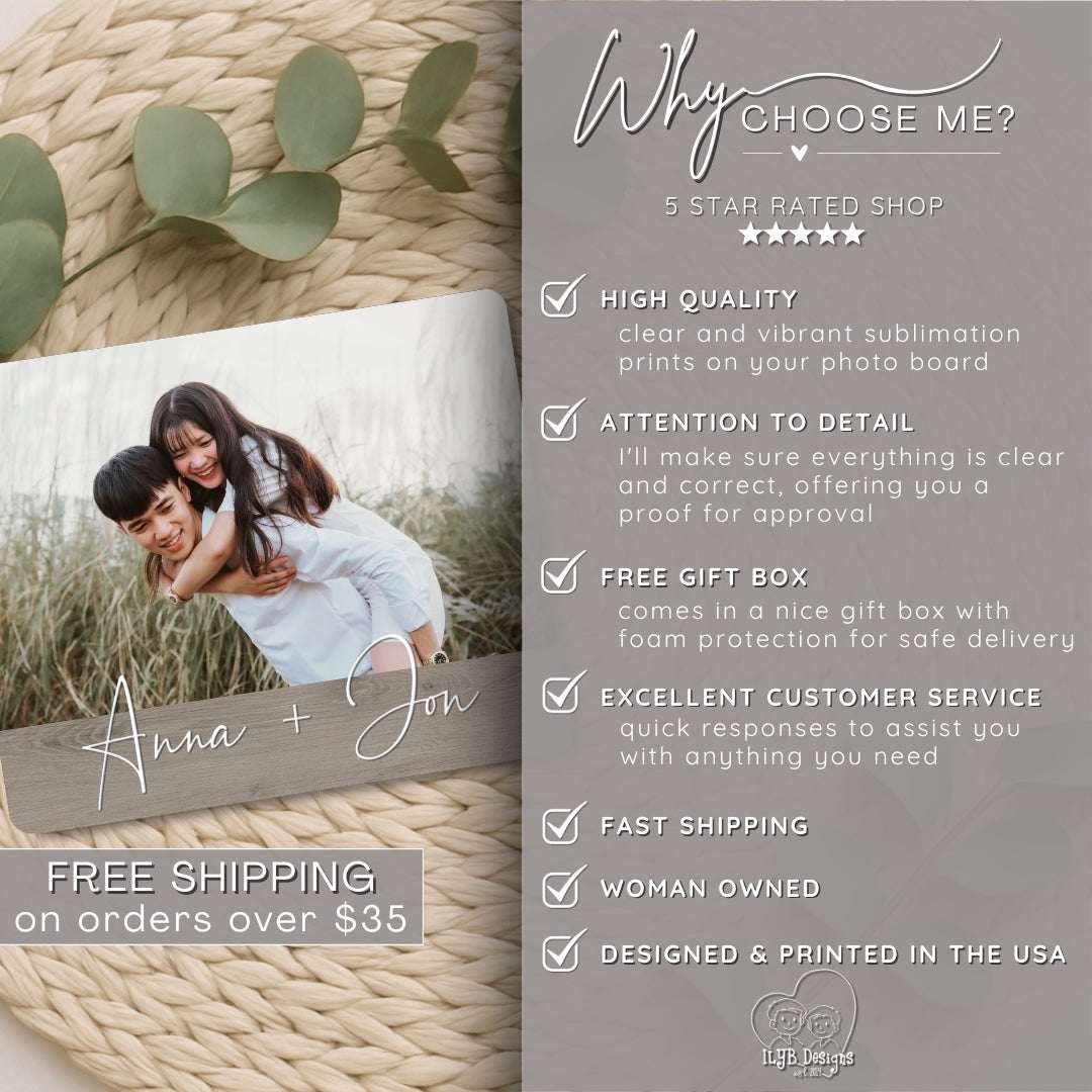 Advertisement for a photo board with a couple and text about product features and services.