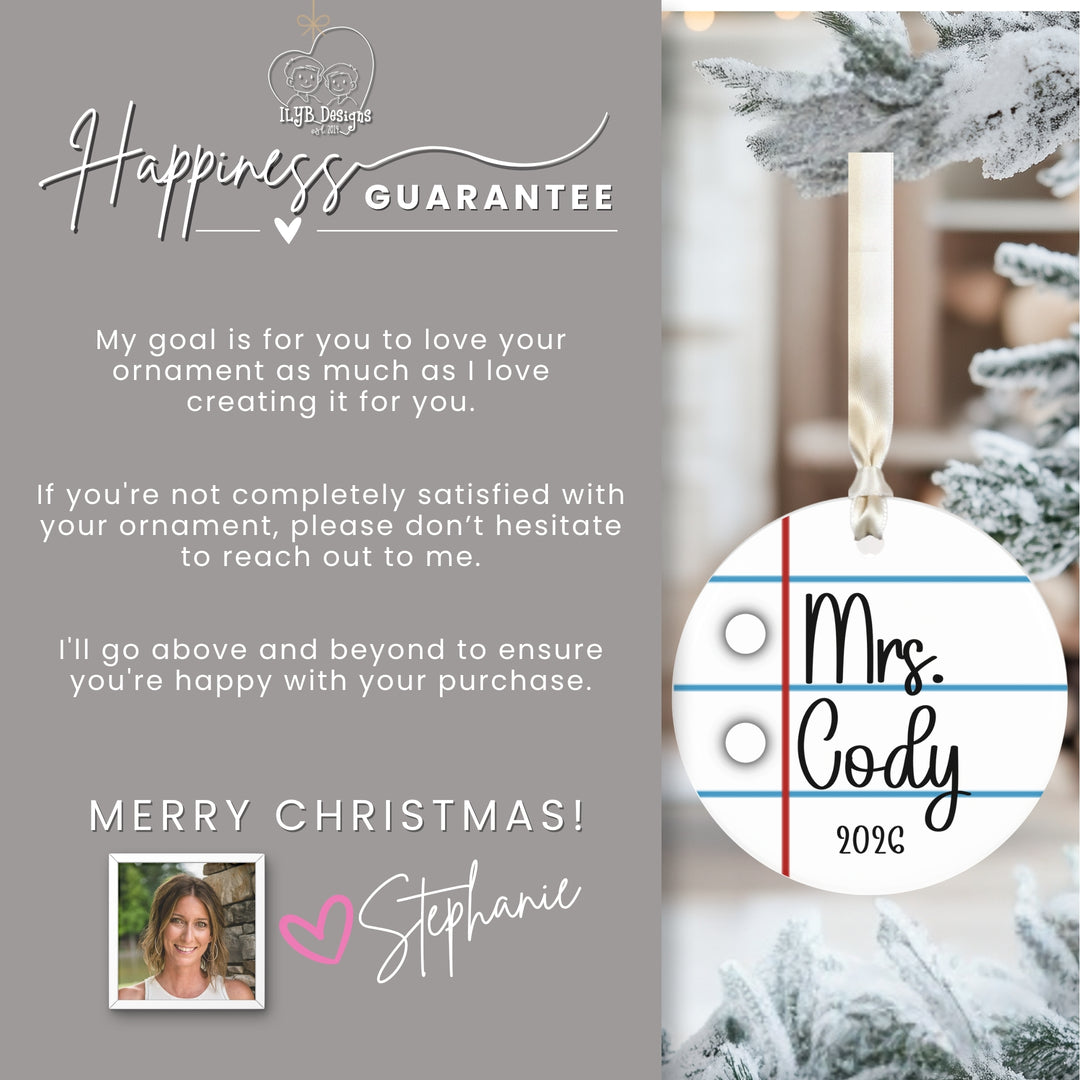 Personalized Teacher Ornament | Notebook Paper Custom Ceramic Christmas Gift
