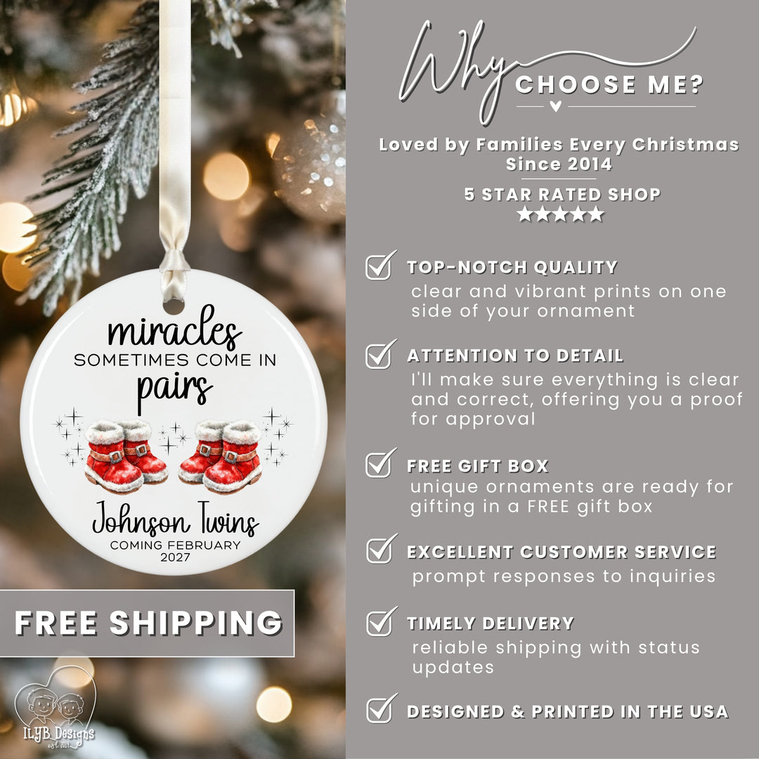 Miracles Sometimes Come in Pairs Twins Pregnancy Announcement Ornament