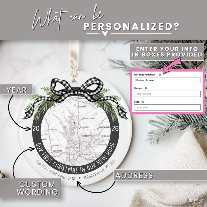 Modern New Home Ornament | Personalized Address Map | Neutral Colors
