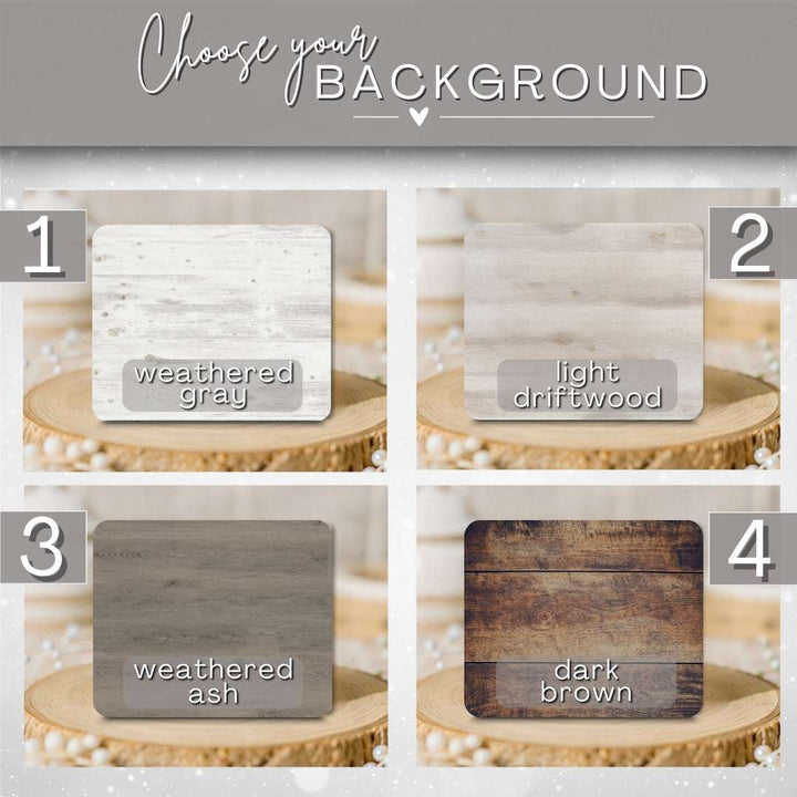 Four wooden backgrounds with labels for 'weathered gray', 'light driftwood', 'weathered ash', and 'dark brown'.