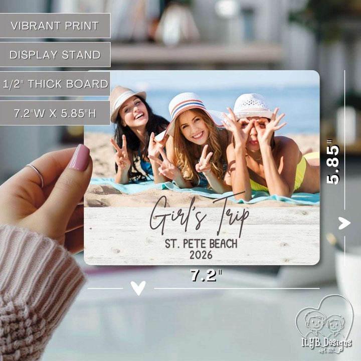 Photo plaque with three women on a beach, labeled 'Girl's Trip St. Pete Beach 2026'.