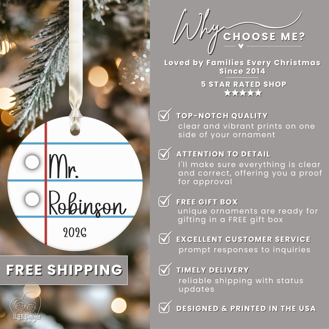 Personalized Teacher Ornament | Notebook Paper Custom Ceramic Christmas Gift