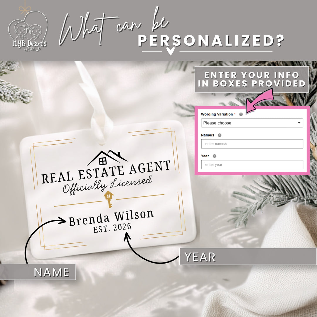 A personalized real estate agent ornament shown on a soft white fabric background with pine branches. The ornament reads &