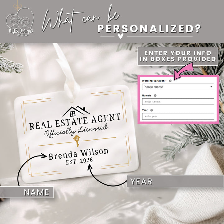 A personalized real estate agent ornament shown on a soft white fabric background with pine branches. The ornament reads &