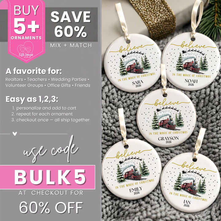 How to order multiple believe in the magic of Christmas train ornaments. Enter personalization, add ornament to cart, repeat for each ornament, checkout once - all ship together. If you&