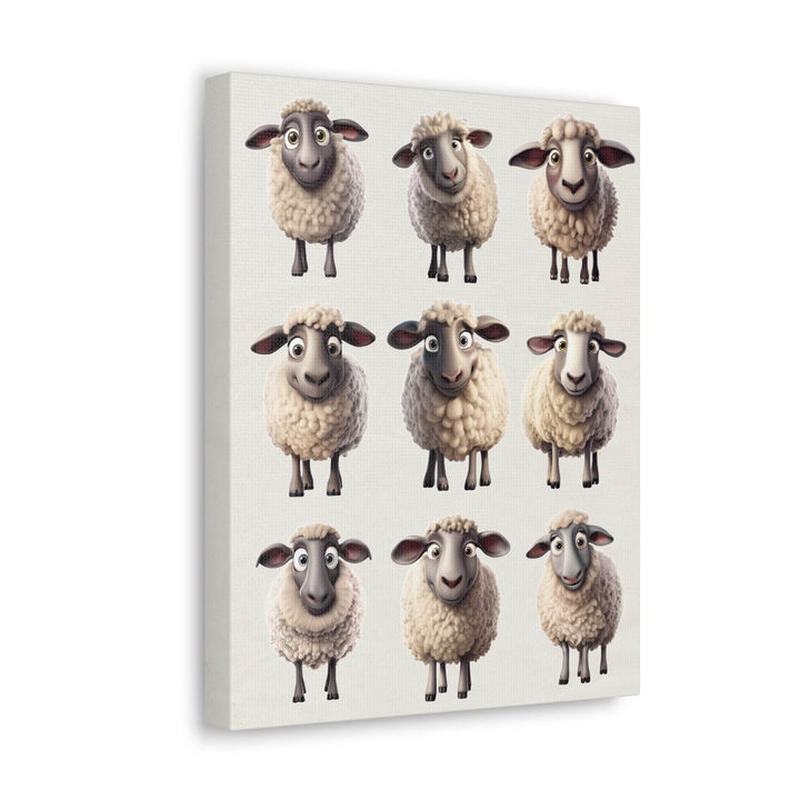 Nursery canvas print with 3 rows of 3 cartoon sheep on a white background.