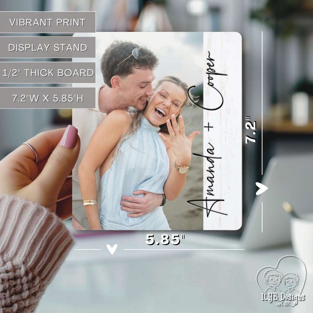 Wood photo board with a couple embracing, held by a hand, with product specifications overlayed.