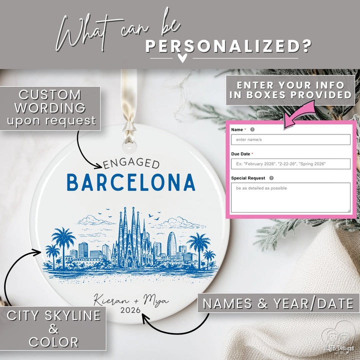 A personalized round hanging ornament mockup with blue city skyline artwork and the word &