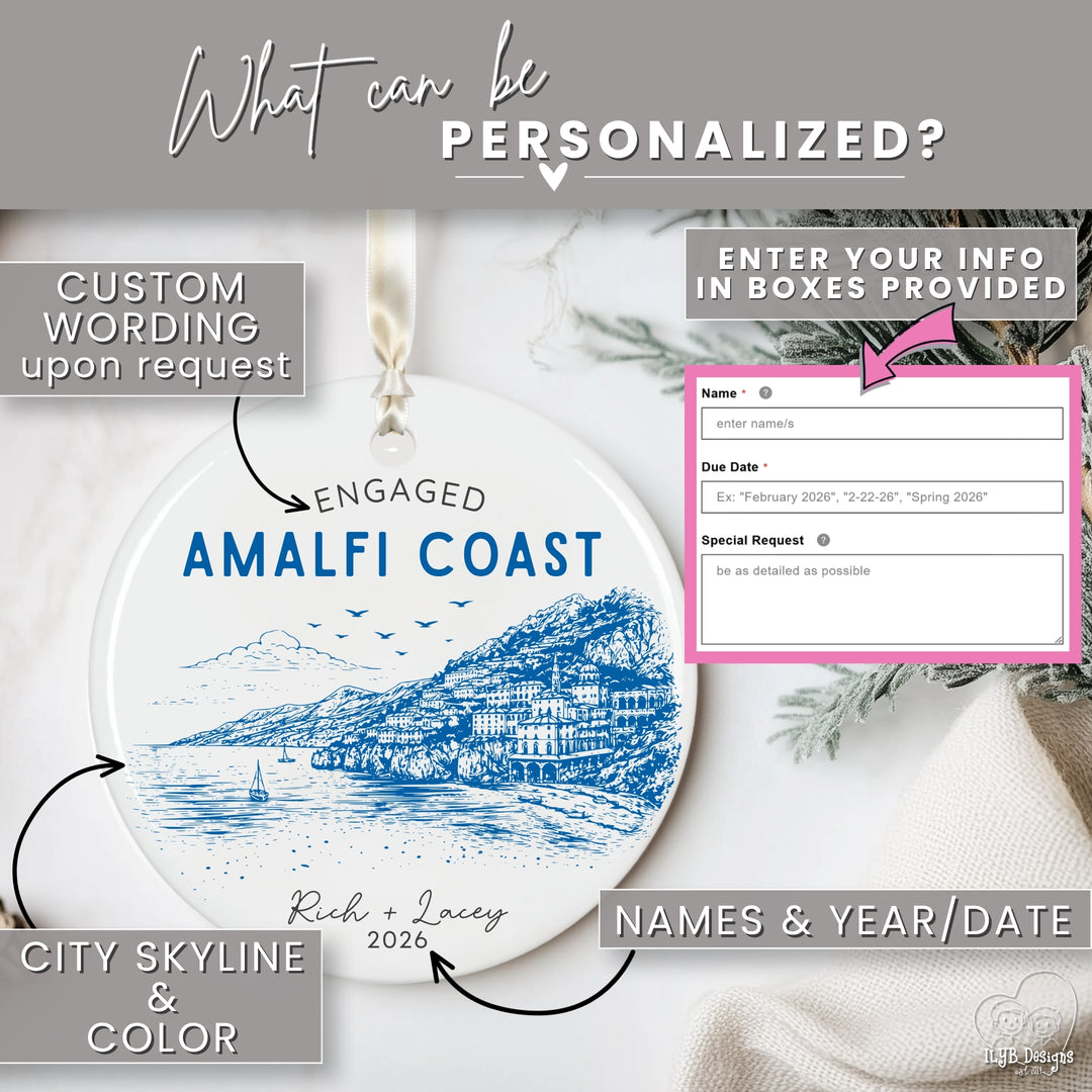 A personalized round hanging ceramic ornament mockup with a gray header and callout labels explaining customization options. The ornament shows a blue city skyline illustration with the text &