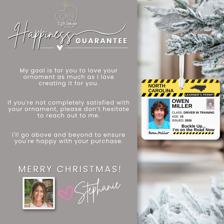 Promotional graphic for a personalized Christmas ornament. The left side features a gray background with text detailing a &