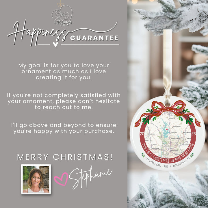 A holiday ornament listing graphic with a large gray text panel on the left reading &