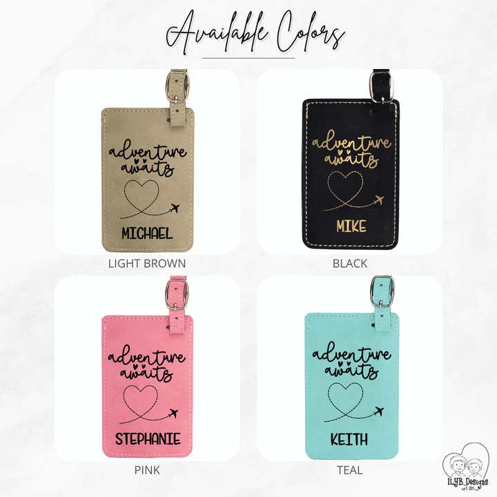Adventure Awaits Personalized Luggage Tag | Laser Engraved Leatherette Travel Wedding Favor Gift