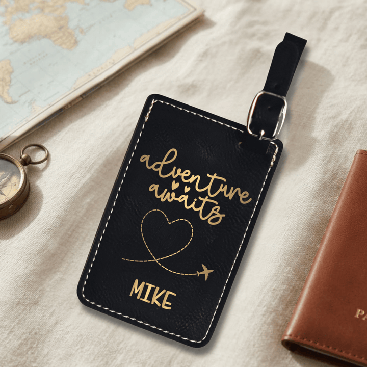 Adventure Awaits Personalized Luggage Tag | Laser Engraved Leatherette Travel Wedding Favor Gift