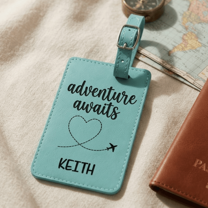 Adventure Awaits Personalized Luggage Tag | Laser Engraved Leatherette Travel Wedding Favor Gift