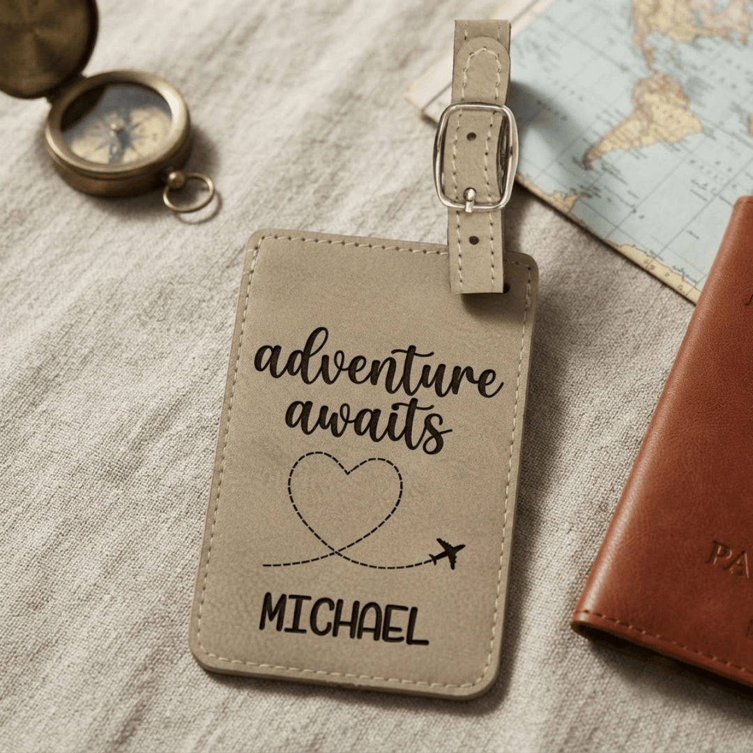 Adventure Awaits Personalized Luggage Tag | Laser Engraved Leatherette Travel Wedding Favor Gift
