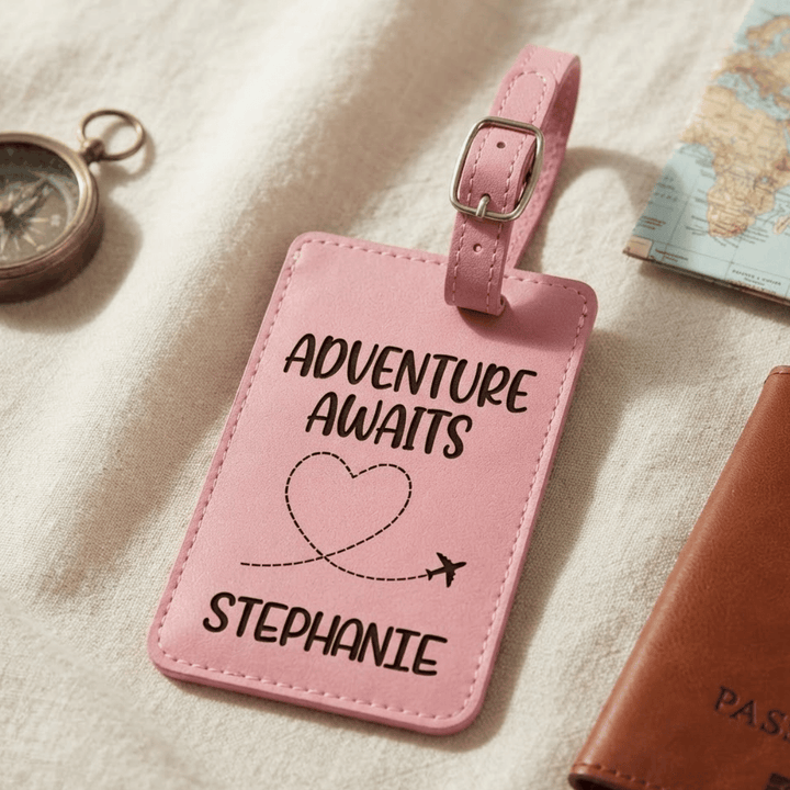Adventure Awaits Personalized Luggage Tag | Laser Engraved Leatherette Travel Wedding Favor Gift