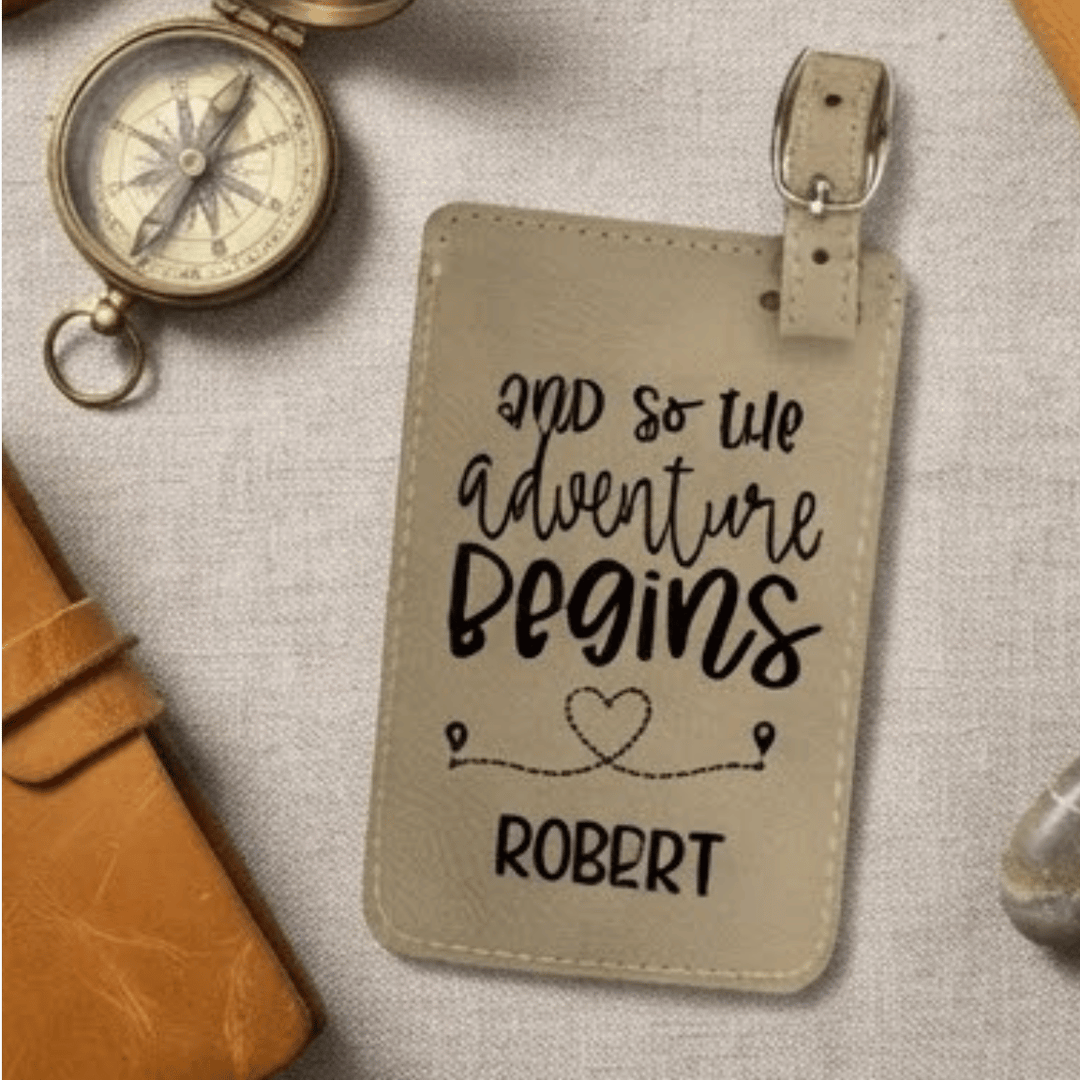 And So the Adventure Begins Personalized Luggage Tag | Laser Engraved Leatherette Wedding Favor