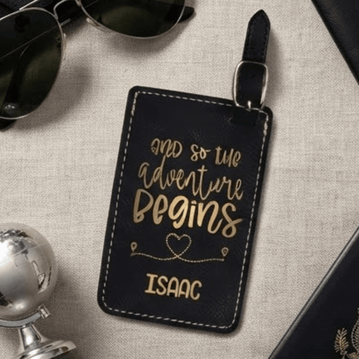 And So the Adventure Begins Personalized Luggage Tag | Laser Engraved Leatherette Wedding Favor