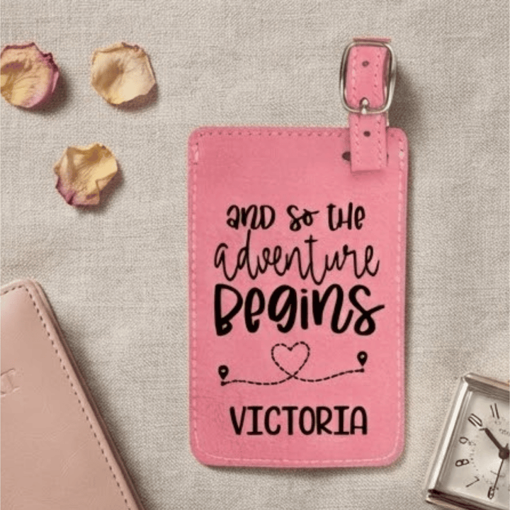 And So the Adventure Begins Personalized Luggage Tag | Laser Engraved Leatherette Wedding Favor
