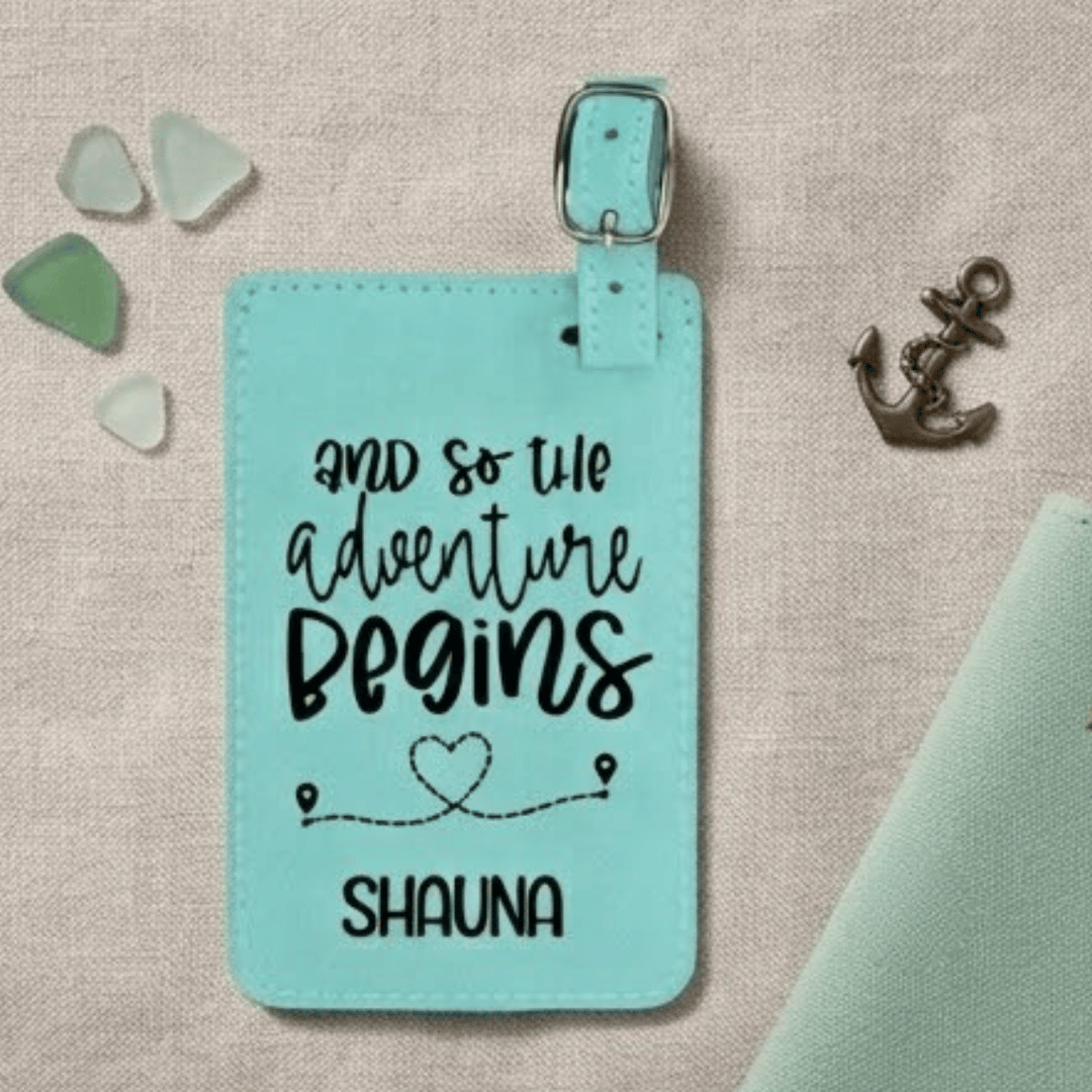 And So the Adventure Begins Personalized Luggage Tag | Laser Engraved Leatherette Wedding Favor