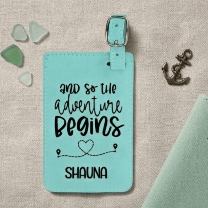 And So the Adventure Begins Personalized Luggage Tag | Laser Engraved Leatherette Wedding Favor