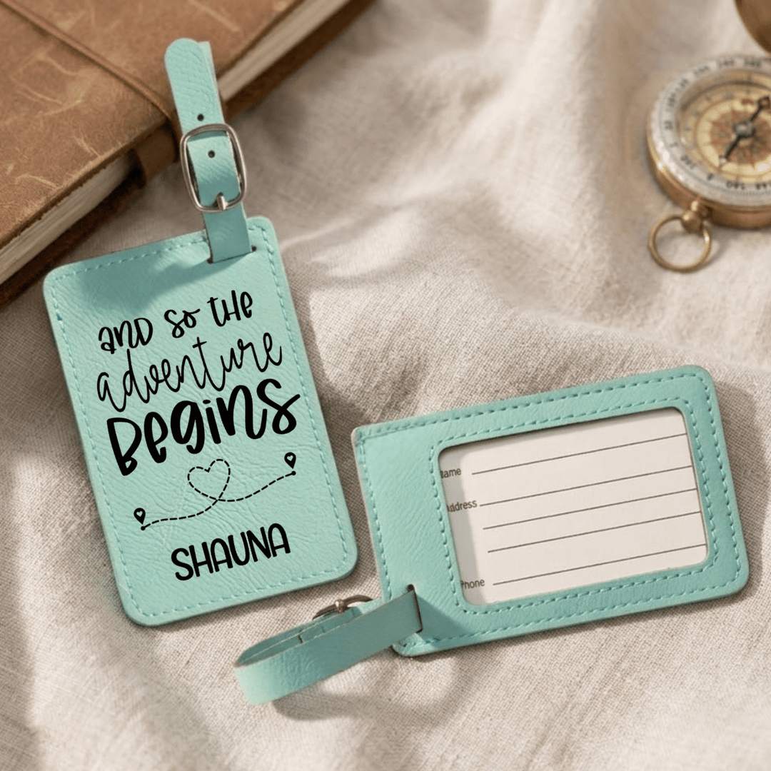 And So the Adventure Begins Personalized Luggage Tag | Laser Engraved Leatherette Wedding Favor