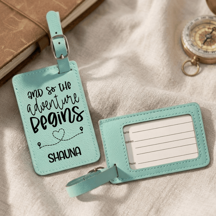 And So the Adventure Begins Personalized Luggage Tag | Laser Engraved Leatherette Wedding Favor