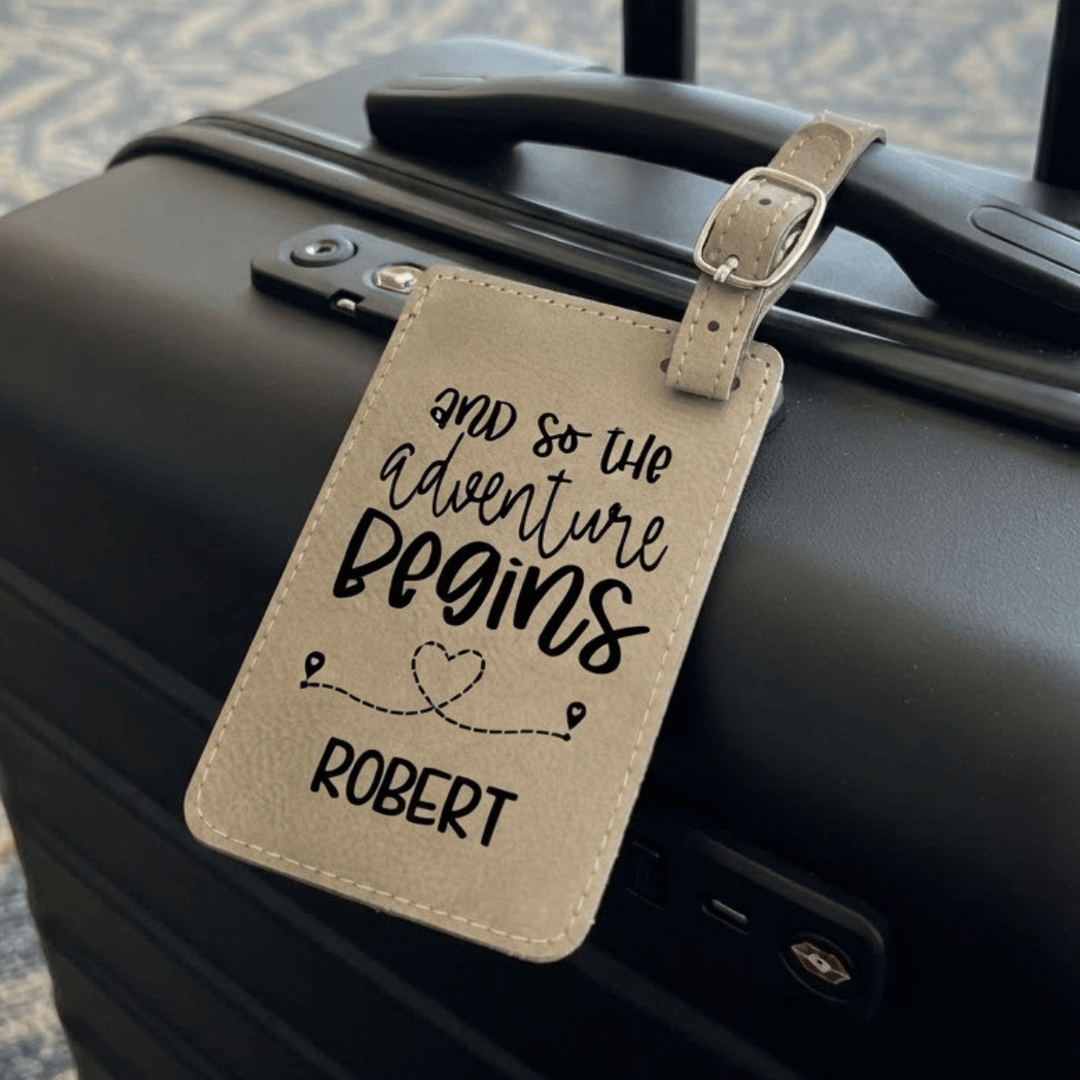 And So the Adventure Begins Personalized Luggage Tag | Laser Engraved Leatherette Wedding Favor