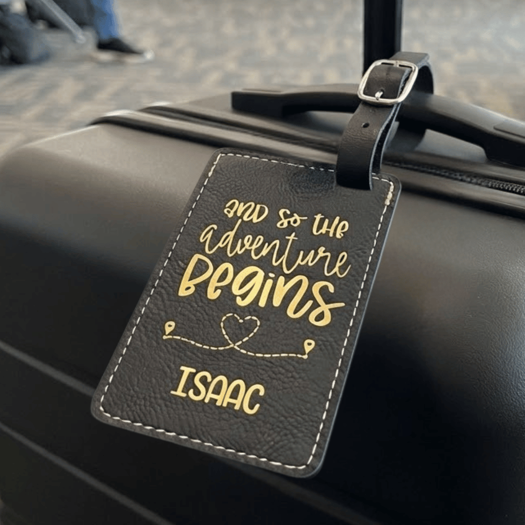 And So the Adventure Begins Personalized Luggage Tag | Laser Engraved Leatherette Wedding Favor
