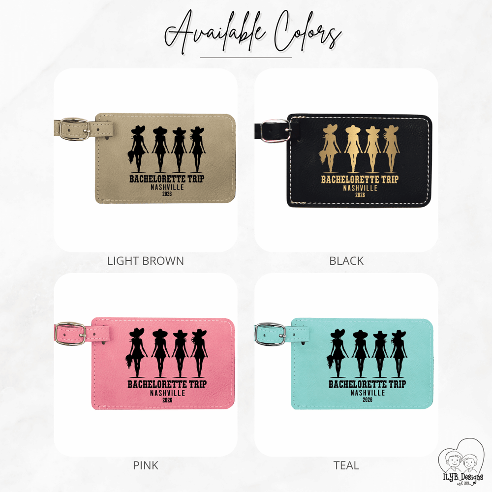 Four bachelorette trip-themed luggage tags in different colors on a white background.
