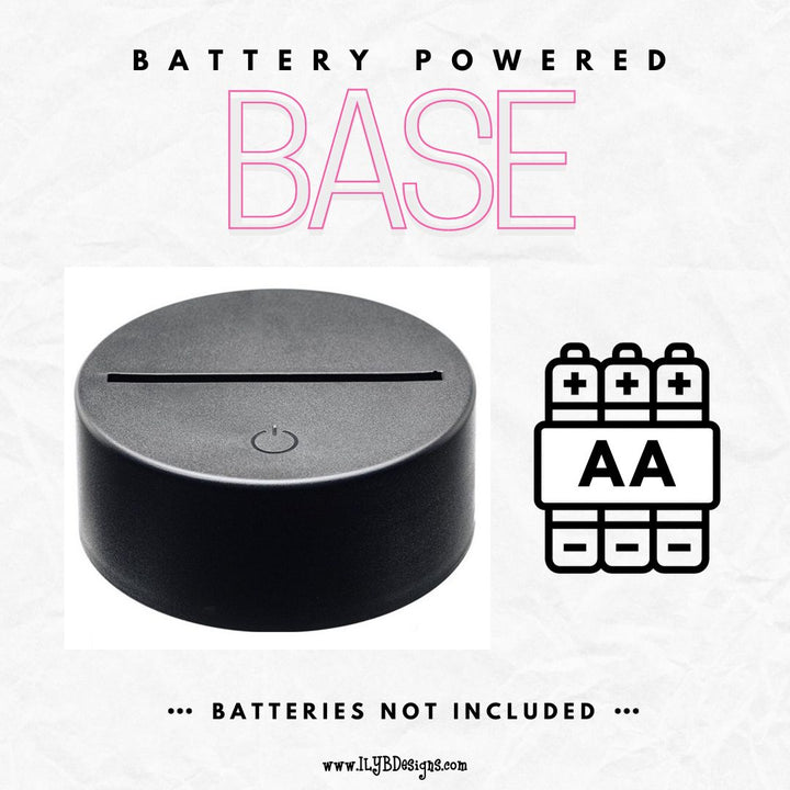 Graphic: Battery-powered base with AA battery icon on a white background